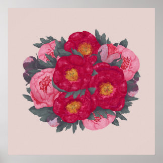 Peony Flowers Bouquet Botanical Red Pink Poster