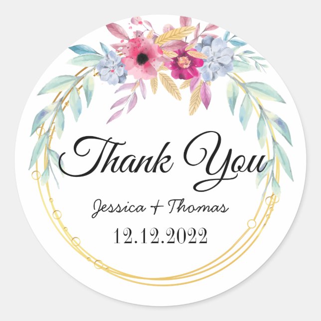 Peony Flowers Geometric  Thank You Wedding Favour Classic Round Sticker (Front)