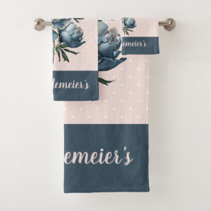 Peony Flowers in Blue & White on Pink & Blue Bath Towel Set