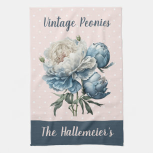 Peony Flowers in Blue & White on Pink & Blue  Kitchen Towel