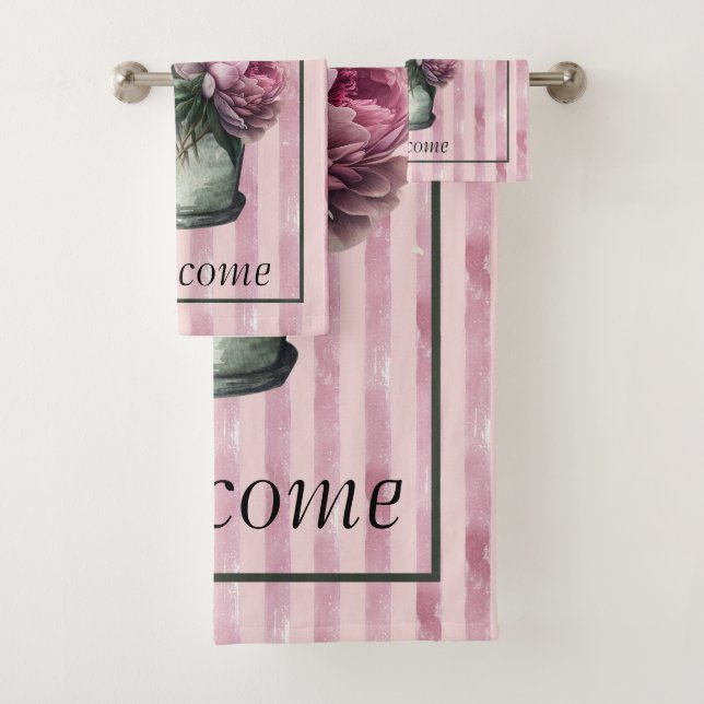 Peony Flowers in Pottery with Striped Background  Bath Towel Set (Insitu)