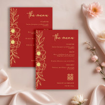 Peony Flowers Modern Chinese Red Gold Wedding Menu
