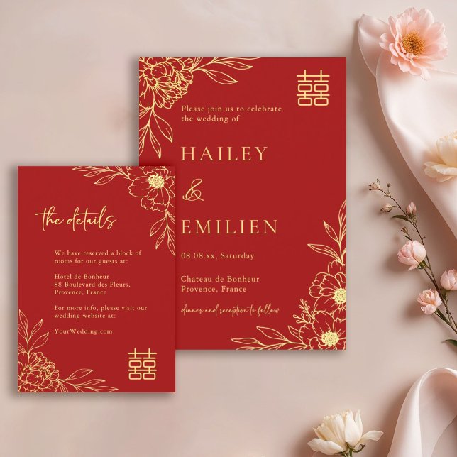  Peony Flowers Modern Chinese Red Wedding Details  Invitation (Creator Uploaded)