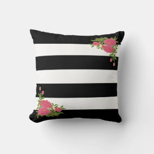 Peony flowers on black & white striped throw pillow