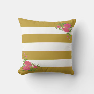 Peony flowers on golden & white striped throw pillow