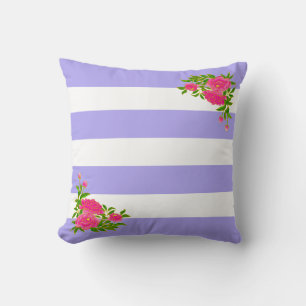 Peony flowers on periwinkle & white striped throw pillow