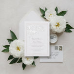 Peony Formal Modern Classic Elegant Ivory Wedding Invitation<br><div class="desc">A statement peony accompanied by two smaller ones, hand-drawn in ink and layered with a faux-embossed effect, decorates this elegant and sophisticated formal wedding invitation template that features elegant calligraphy with delicate flourishes for the names and a double frame with the same embossed effect. The monochromatic design, with an ivory...</div>