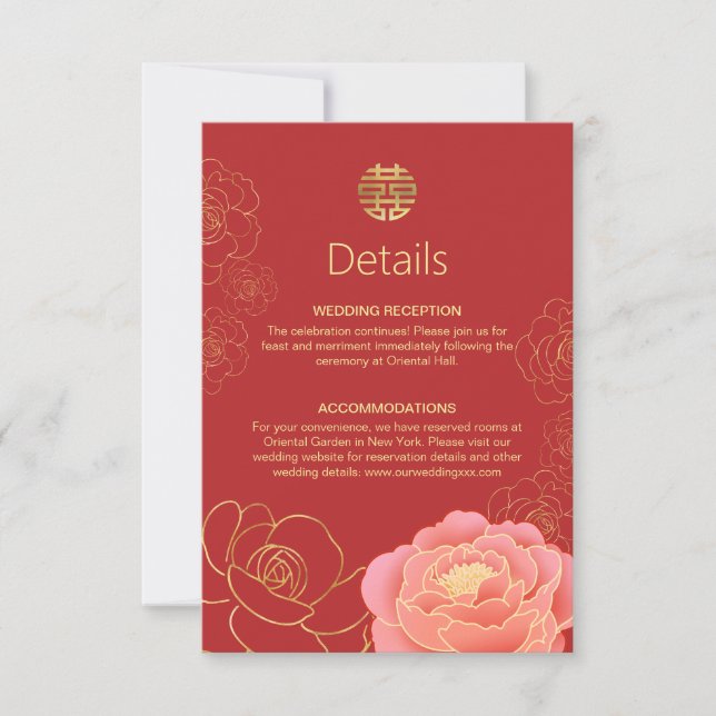 Peony Gold Chinese Wedding Details Enclosure Card (Front)