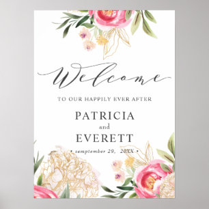 Peony gold flowers  Boho Wedding Welcome Poster