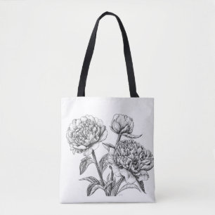 Peony ink drawing tote bag