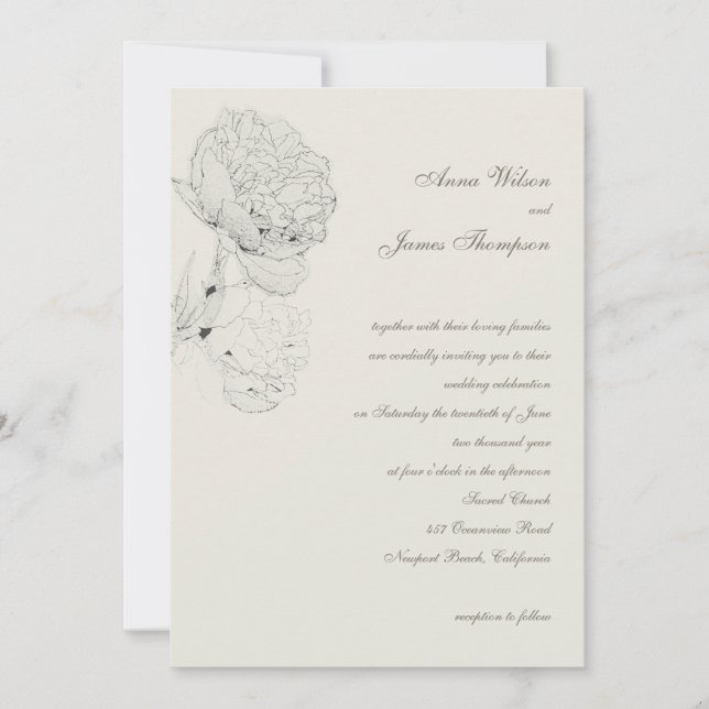 Peony Ink Sketch Ecru Elegant Calligraphy Wedding Invitation (Front)