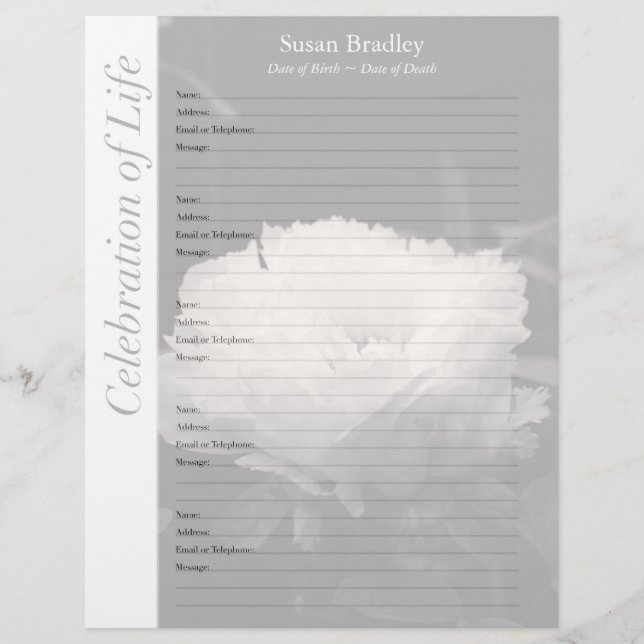 Peony Memorial Guest Book Binder Filler Pages (Front)