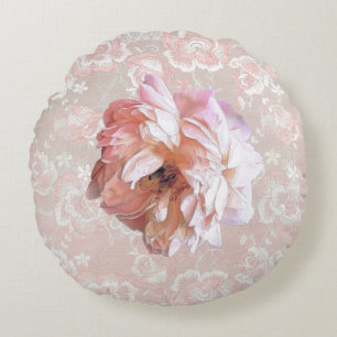 Peony on Faux Peach Lace Round Pillow