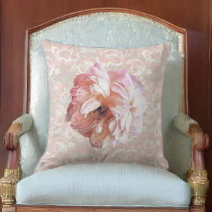 Peony on Faux Peachy Pink Lace Throw Pillow