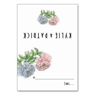 Peony pastel pink, blue floral wedding escort card