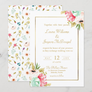 Peony Pastel Watercolors Gold Script Wedding Invitation
