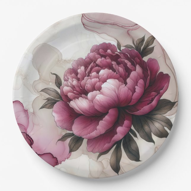 Peony Pink Abstract  Paper Plate (Front)