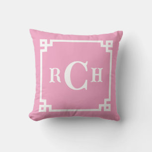 Peony Pink Reverse Chinoiserie Greek Key Monogram Throw Pillow