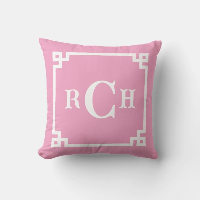 Peony Pink Reverse Chinoiserie Greek Key Monogram Throw Pillow (Front)