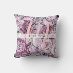 Peony Pink Roses Floral Monogram Name Throw Pillow
