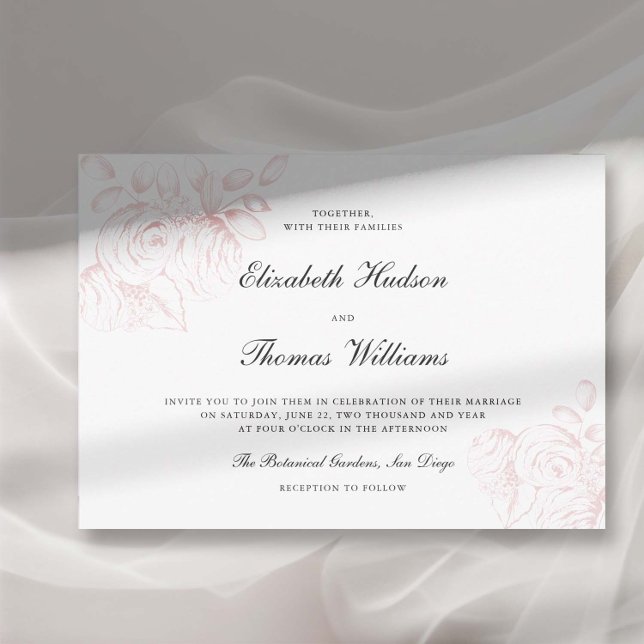 Peony Pink Sketch Modern Classic Stylish Wedding Invitation (peony wedding invitation modern classic formal  floral sketch frame horizontal elegant romantic)