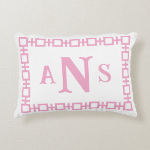 Peony Pink Square Greek Key Monogram Accent Pillow