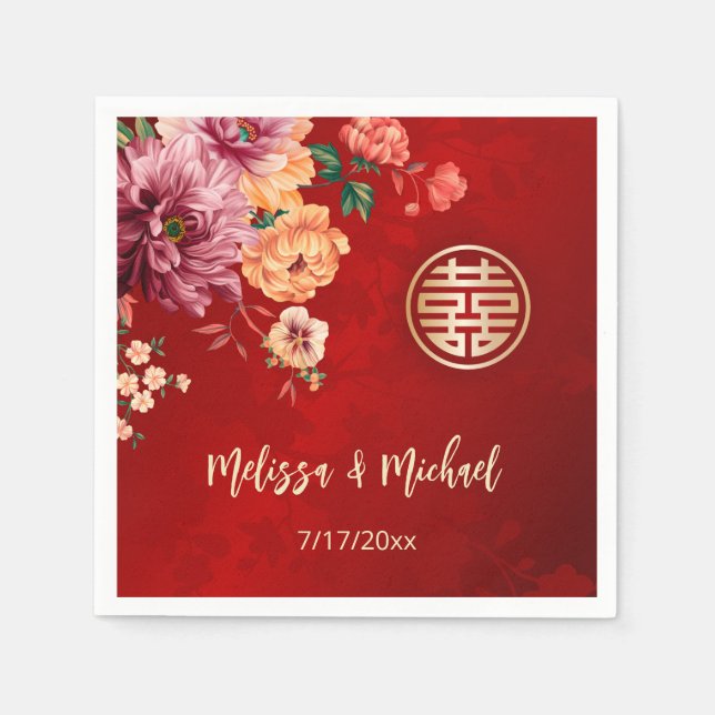 Peony Red Chinese Wedding Custom  Napkin (Front)