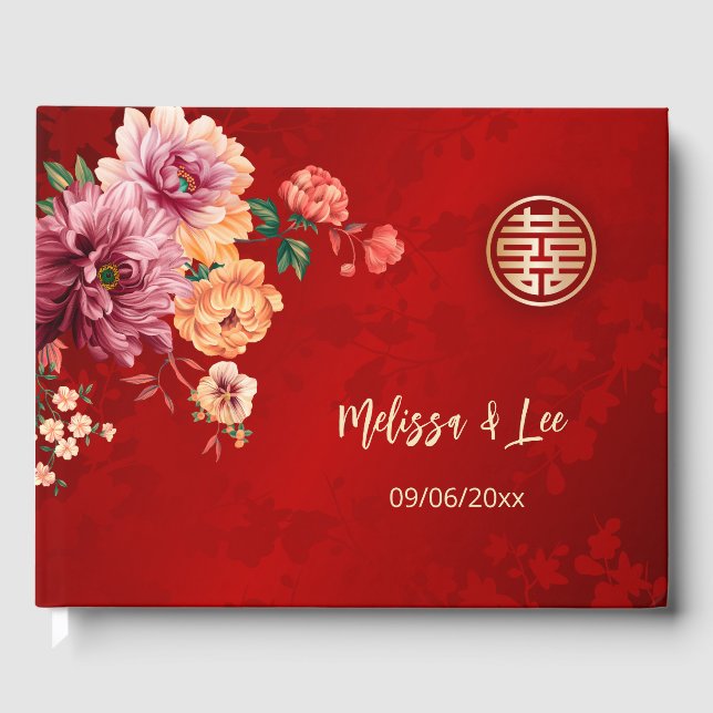 Peony Red Chinese Wedding Guest Book (Front)
