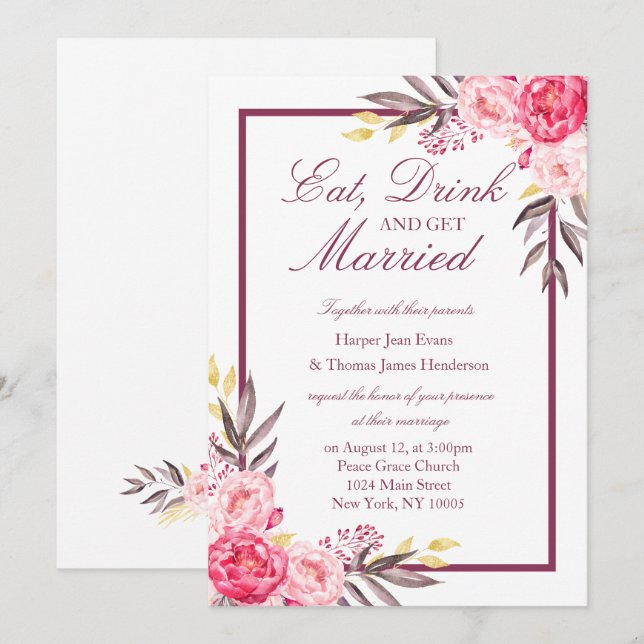 Peony Romance Mariage Invitation (Devant / Derrière)