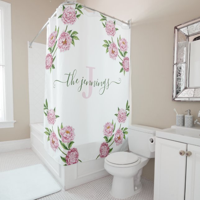 Peony rose Monogramme rideau de douche (En situation)