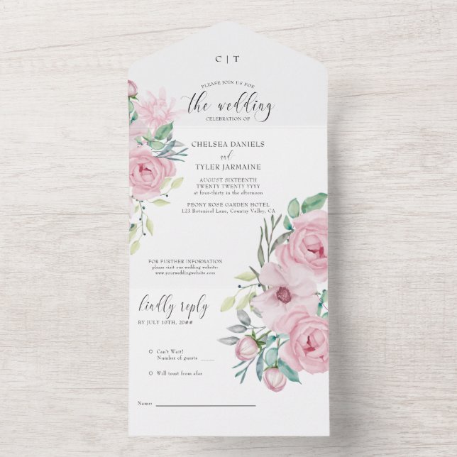 Peony Rose Pastel Pink Floral Wedding All In One Invitation (Inside)