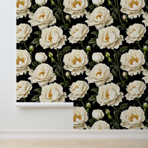 Peony seamless pattern white gold black luxurious wallpaper