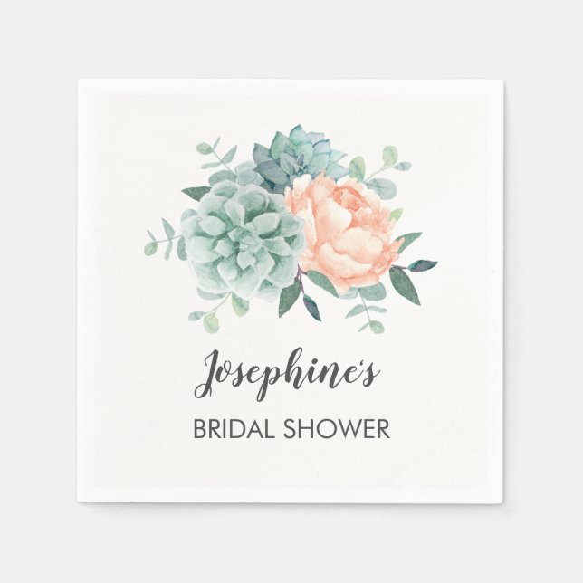 Peony Succulents Floral Watercolor Bridal Shower Napkin (Front)