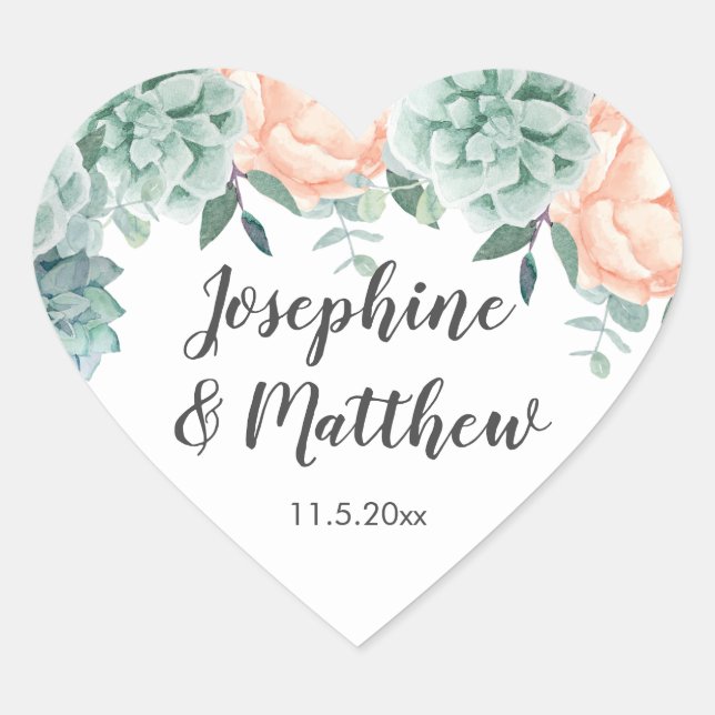 Peony Succulents Floral Watercolor Wedding Heart Sticker (Front)