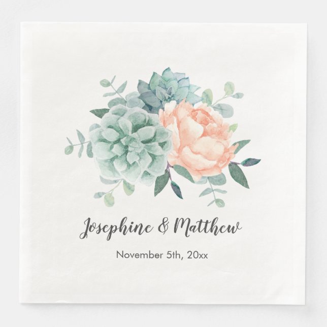 Peony Succulents Floral Watercolor Wedding Napkin (Front)