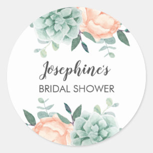 Peony & Succulents Watercolor Bridal Shower Classic Round Sticker