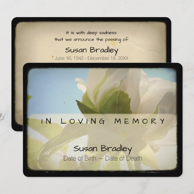 Peony Vintage Funeral Memorial Service 1 Invitation (Front/Back)