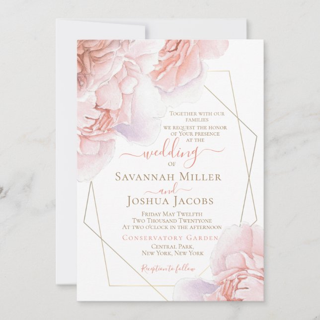 Peony wedding blush peach watercolor floral invitation (Front)