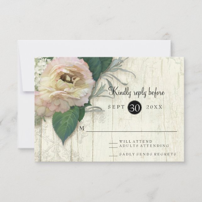 Peony White Hydrangea Flowers Vintage Wood RSVP (Front)