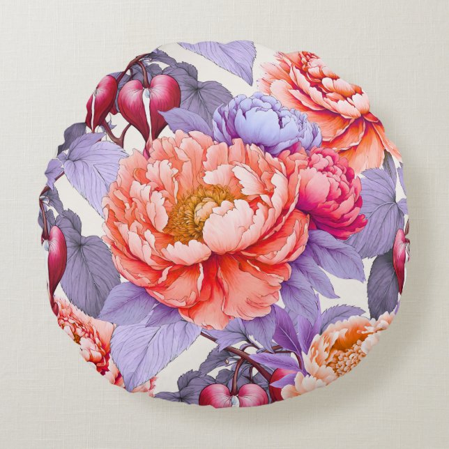 Peony With Bleeding Heart Flowers Round Pillow (Front)