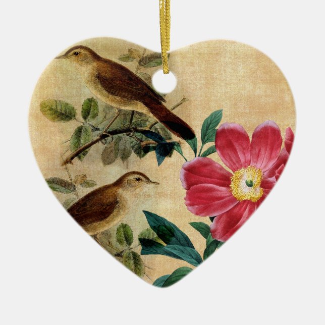 Peony with Nightingales Ceramic Ornament (Front)