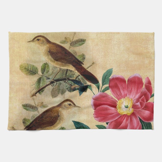 Peony with Nightingales Kitchen Towel (Horizontal)