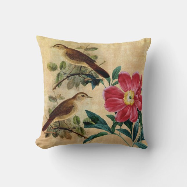 Peony with Nightingales Throw Pillow (Front)