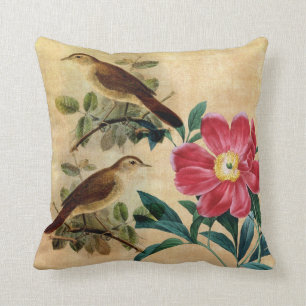 Peony with Nightingales Throw Pillow
