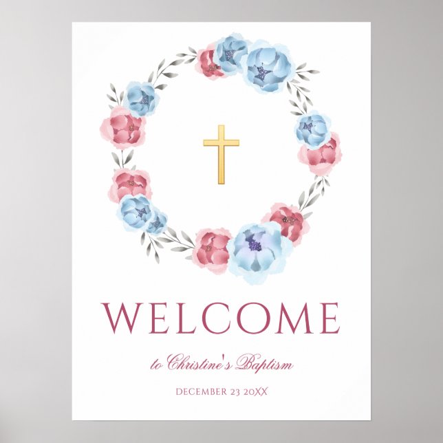 Peony Wreath Aquarelle Bienvenue Baptême Poster (Devant)
