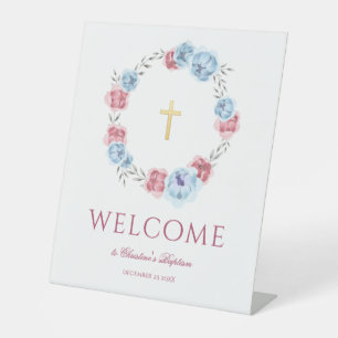 Peony Wreath Watercolor Welcome Baptism Pedestal Sign
