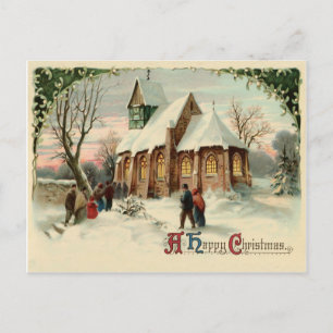 People are going to village church at Christmas Postcard