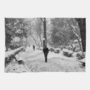 People at park in snowy winter day kitchen towel
