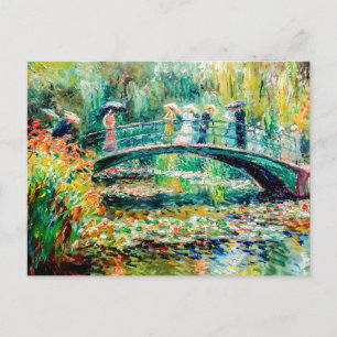 People on garden bridge with water lilies holiday postcard