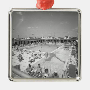 People relaxing at outdoor swimming pool B&W Metal Ornament